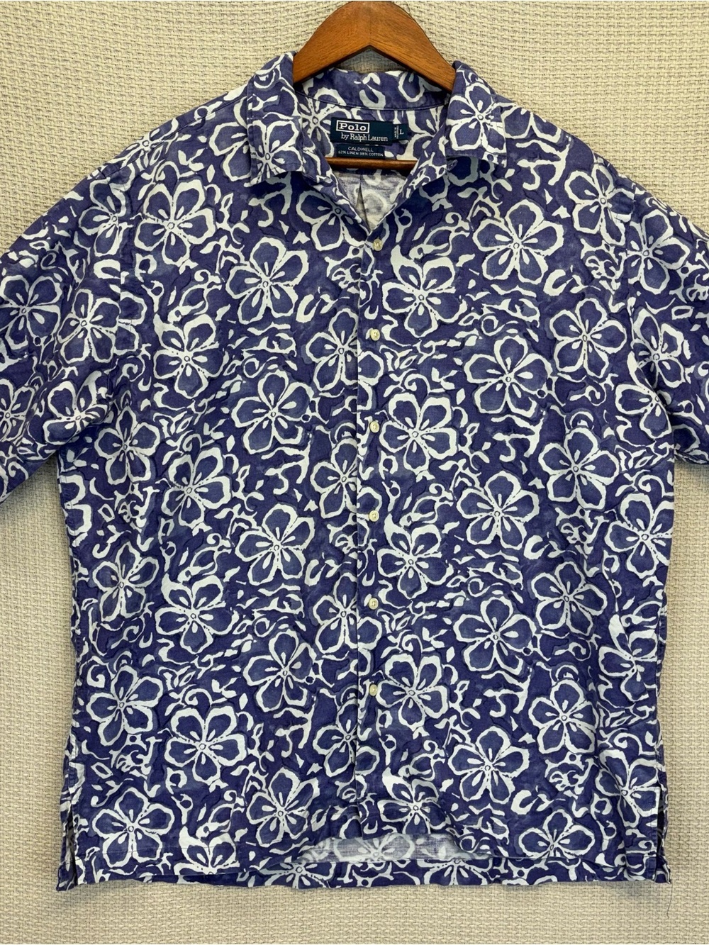 Vintage Ralph Lauren Hawaiian Shirt Men's Large Blue Linen 90s Hibiscus Vacay
